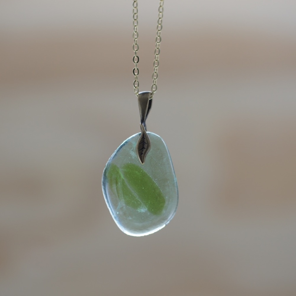 Glass Wine Bottle Necklace Blue Green Brass Leaf Nature Eco-friendly Jewelry
